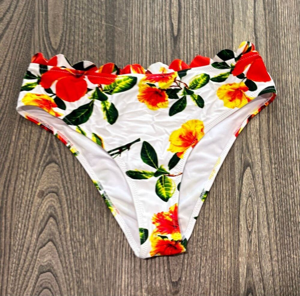 Cupshe Women's Floral High-Waisted Scalloped Bikini Bottom Multicolor Medium